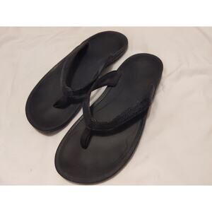 OluKai Women's 9.5 Black Leather Flip Flops Thong Sandals Comfort Beach
